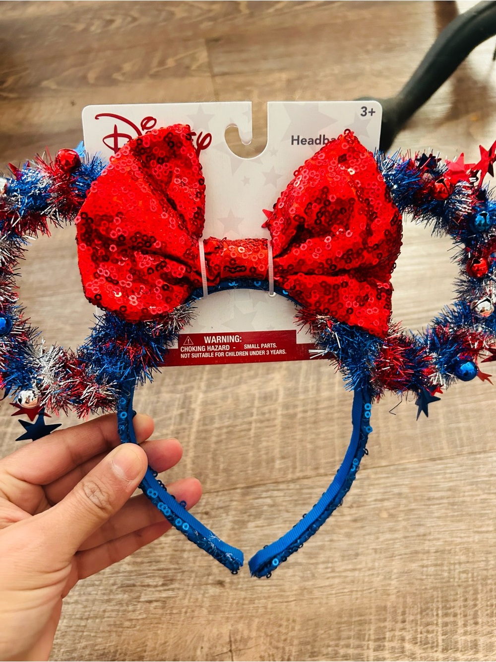 Disney Red Sequin Bow Patriotic Tinsel Minnie Ears - Red, Blue, Silver
